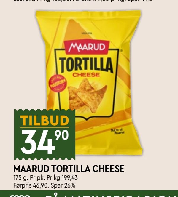 MAARUD TORTILLA CHEESE TILBUD
175 g. Pr pk. Pr kg 199,43 Førpris 46,90. Spar 26%