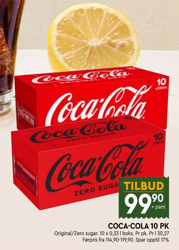 COCA-COLA 10 PK TILBUD + pant
Original/Zero sugar. 10 x 0,33 l boks. Pr pk. Pr l 30,27 Førpris fra 114,90-119,90. Spar opptil 17%