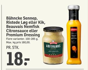 Bähncke Sennep, Ristede Løg eller Kik, Beauvais Nemfisk Citronsauce eller Premium Dressing