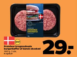 Premieur krogmodnede burgerbøffer af dansk oksekød