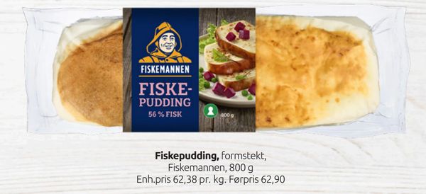 Fiskepudding formstekt, Fiskemannen, 800 g Enh.pris 62,38 pr. kg. Førpris 62,90