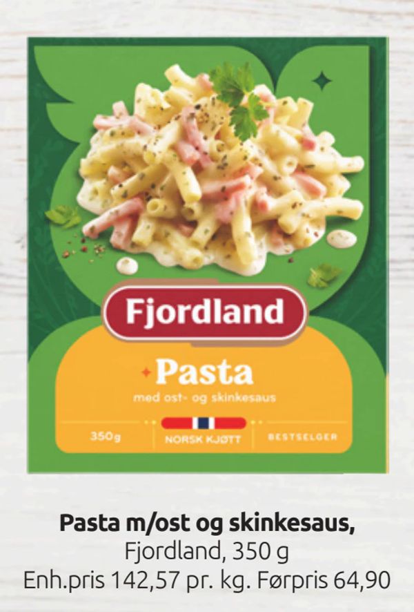 Pasta m/ost og skinkesaus Fjordland, 350 g Enh.pris 142,57 pr. kg. Førpris 64,90