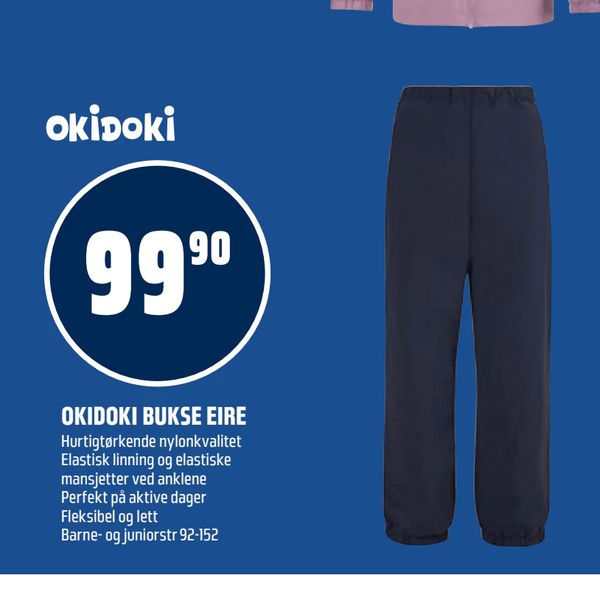 OKIDOKI BUKSE EIRE Hurtigtørkende nylonkvalitet Elastisk linning og elastiske mansjetter ved anklene Perfekt på aktive dager Fleksibel og lett Barne- og juniorstr 92-152