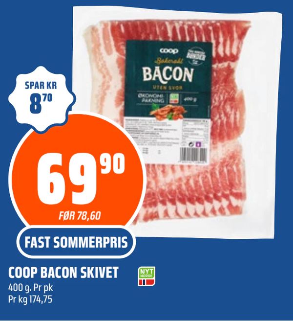 COOP BACON SKIVET 400 g. Pr pk
Pr kg 174,75
SPAR KR 8,70
FØR 78,60
FAST SOMMERPRIS