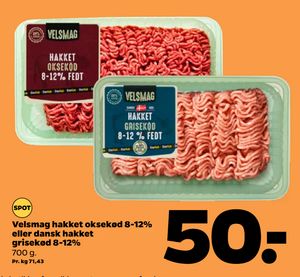 Velsmag hakket oksekød 8-12% eller dansk hakket grisekød 8-12%