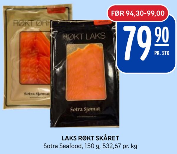 LAKS RØKT SKÅRET Sotra Seafood, 150 g, 532,67 pr. kg
PR. STK
FØR 94,30-99,00