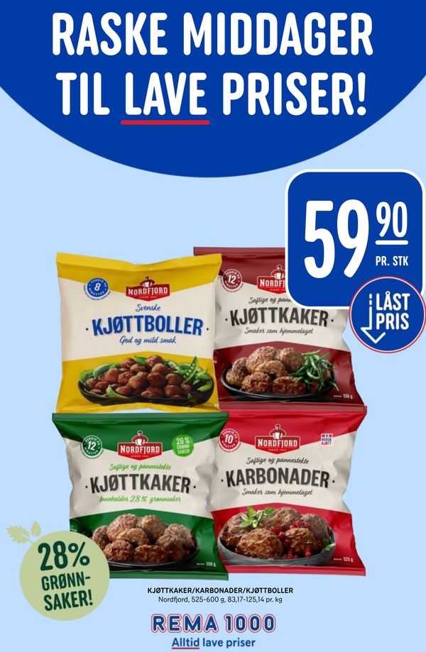 KJØTTKAKER/KARBONADER/KJØTTBOLLER Nordfjord, 525-600 g, 83,17-125,14 pr. kg