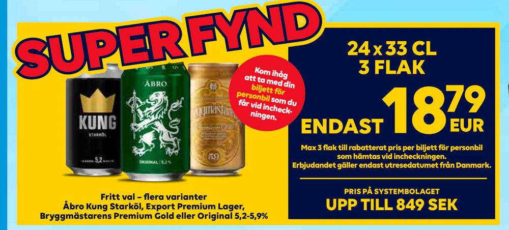 Erbjudanden på Åbro Kung Starköl, Export Premium Lager, Bryggmästarens Premium Gold eller Original 5,2-5,9% från Bordershop för 18,79 €