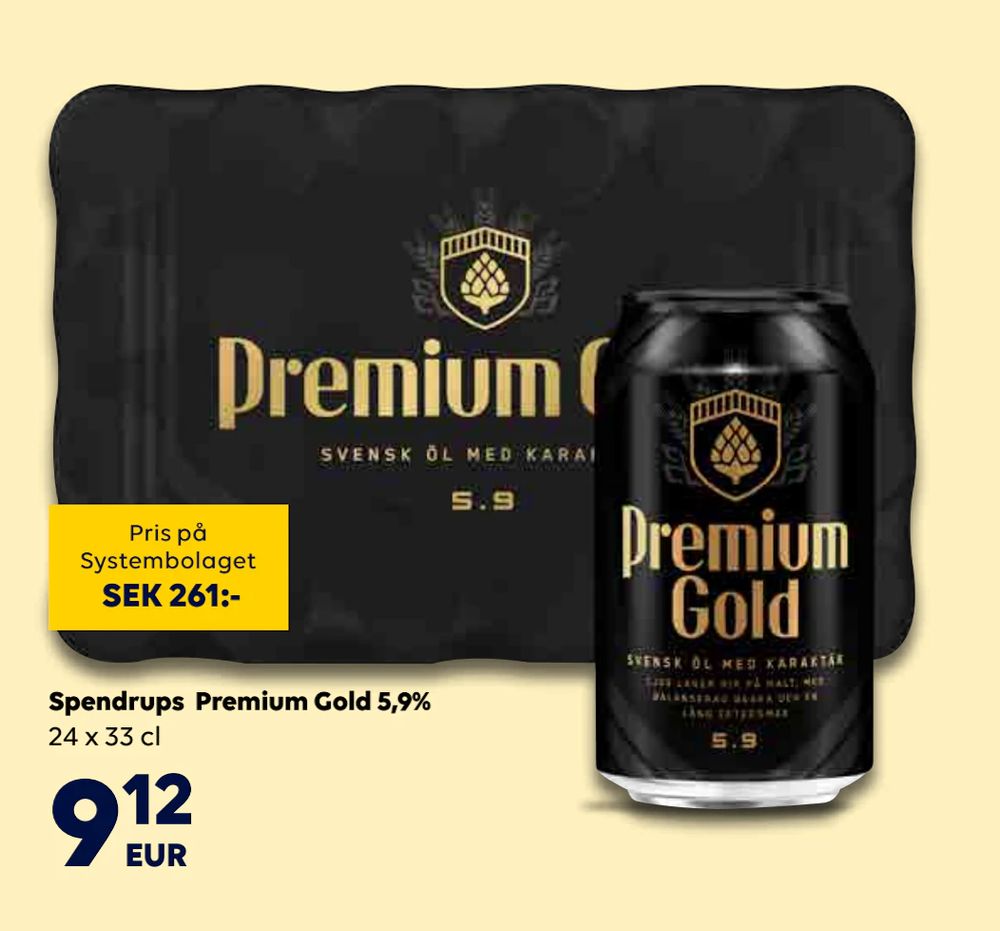 Erbjudanden på Spendrups Premium Gold 5,9% från Bordershop för 9,12 €