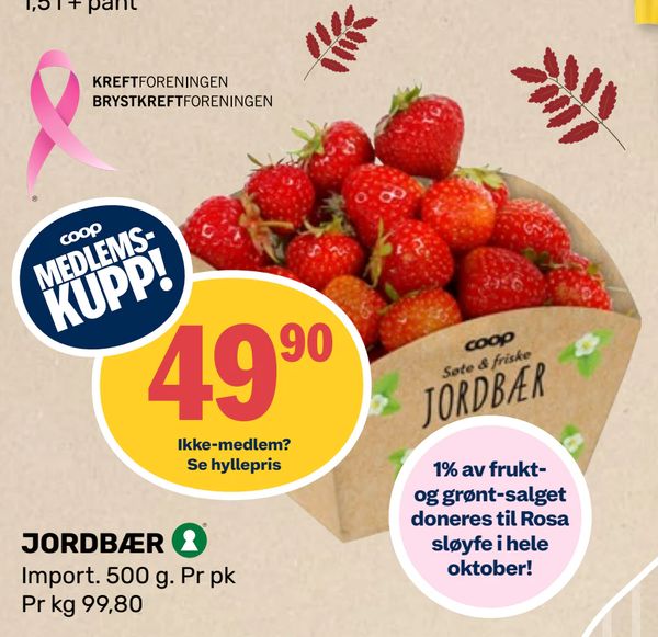 JORDBÆR coop MEDLEMS-KUPP!
Ikke-medlem? Se hyllepris
1% av frukt- og grønt-salget doneres til Rosa sløyfe i hele oktober!
Import. 500 g. Pr pk
Pr kg 99,80