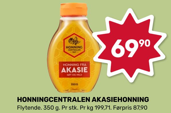 HONNINGCENTRALEN AKASIEHONNING Flytende. 350 g. Pr stk. Pr kg 199,71. Førpris 87,90