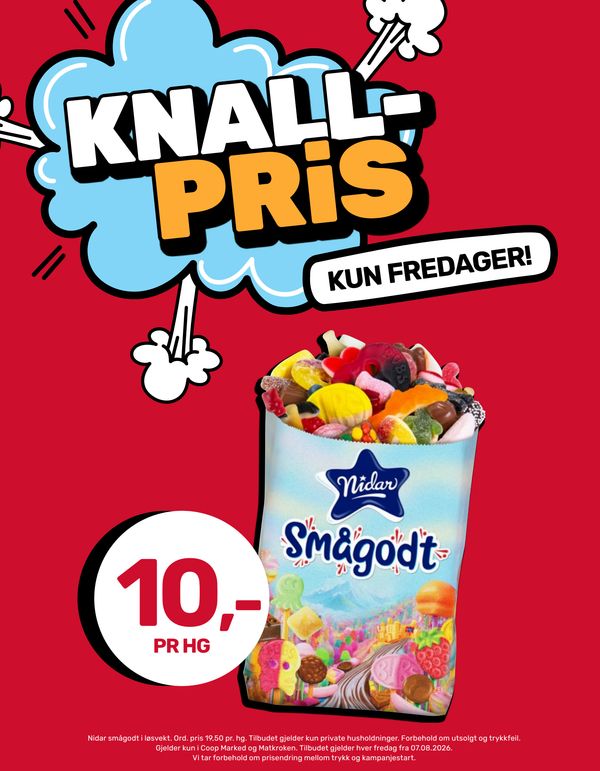 Nidar smågodt i løsvekt Ord. pris 19,50 pr. hg. Tilbudet gjelder kun private husholdninger. Forbehold om utsolgt og trykkfeil. Gjelder kun i Coop Marked og Matkroken. Tilbudet gjelder hver fredag fra 07.08.2026. Vi tar forbehold om prisendring mellom trykk og kampanjestart.