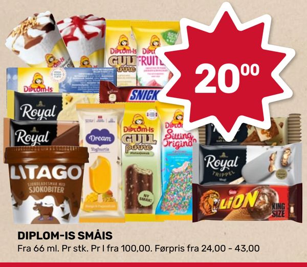 DIPLOM-IS SMÅIS Fra 66 ml. Pr stk. Pr l fra 100,00. Førpris fra 24,00 - 43,00