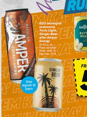 EGO økologisk sodavand, Tonic Light, Ginger Beer eller Amper Energy