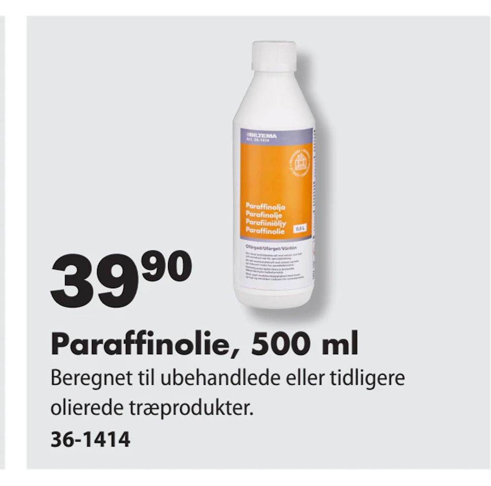 Tilbud på Paraffinolie, 500 ml fra Biltema til 39,90 kr.