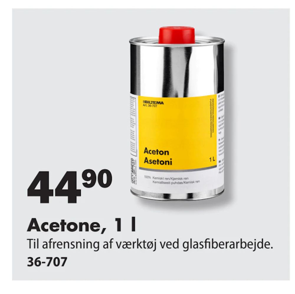Tilbud på Acetone, 1 l fra Biltema til 44,90 kr.