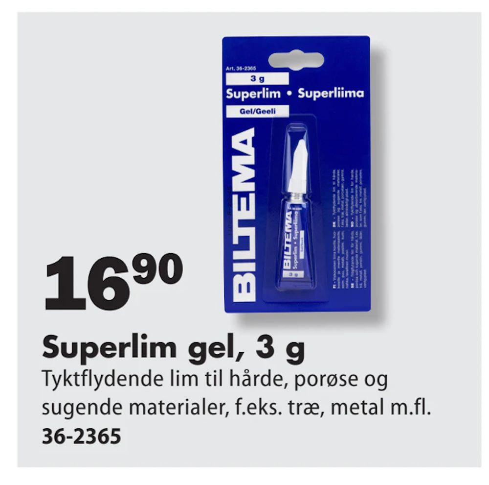 Tilbud på Superlim gel, 3 g fra Biltema til 16,90 kr.
