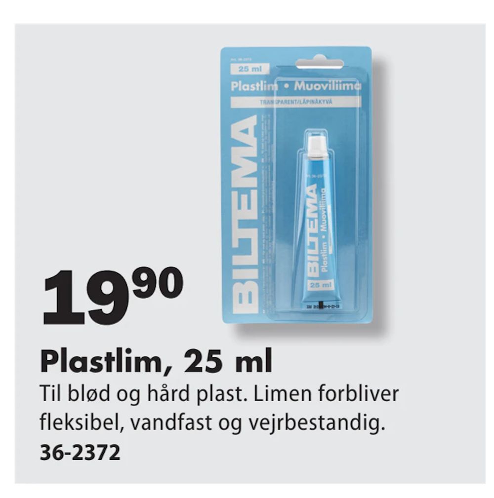 Tilbud på Plastlim, 25 ml fra Biltema til 19,90 kr.