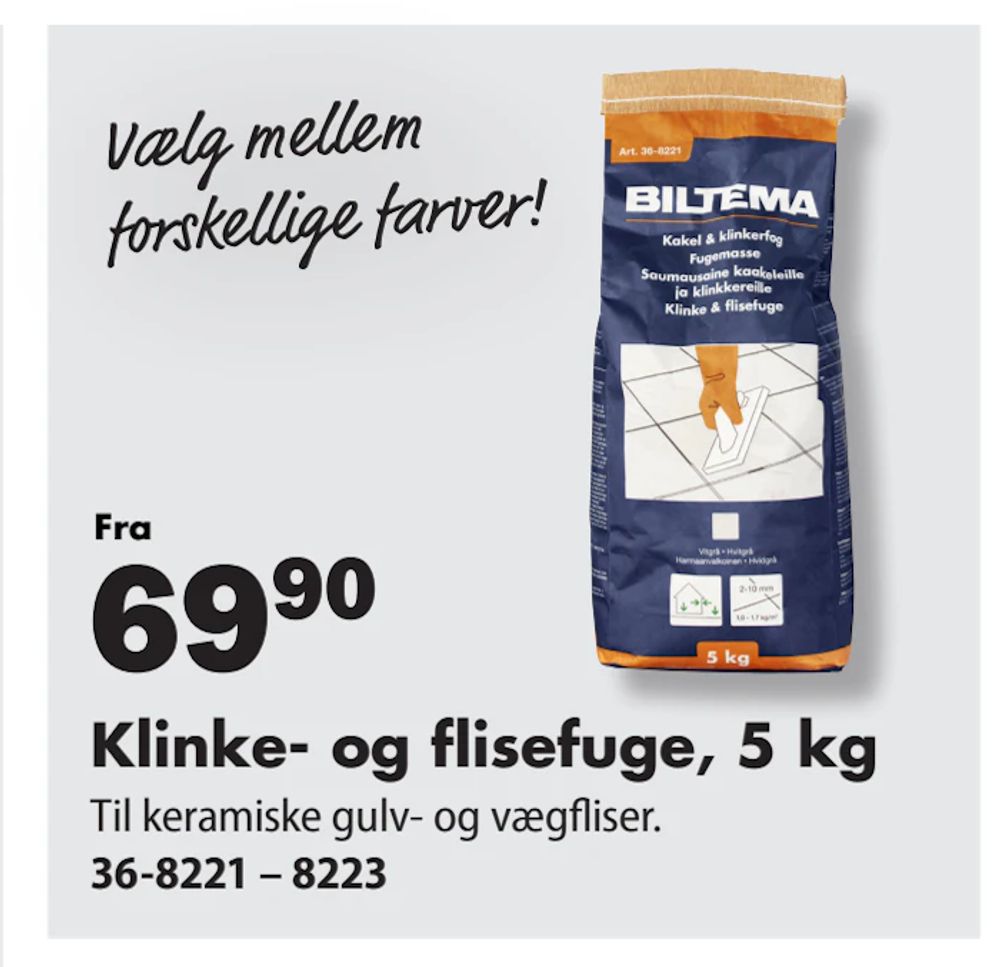 Tilbud på Klinke- og flisefuge, 5 kg fra Biltema til 69,90 kr.