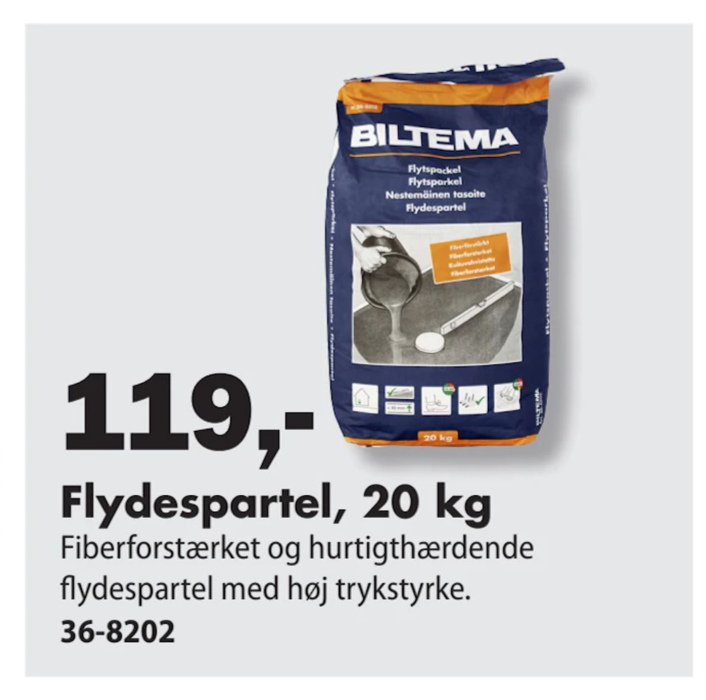 Tilbud på Flydespartel, 20 kg fra Biltema til 119 kr.