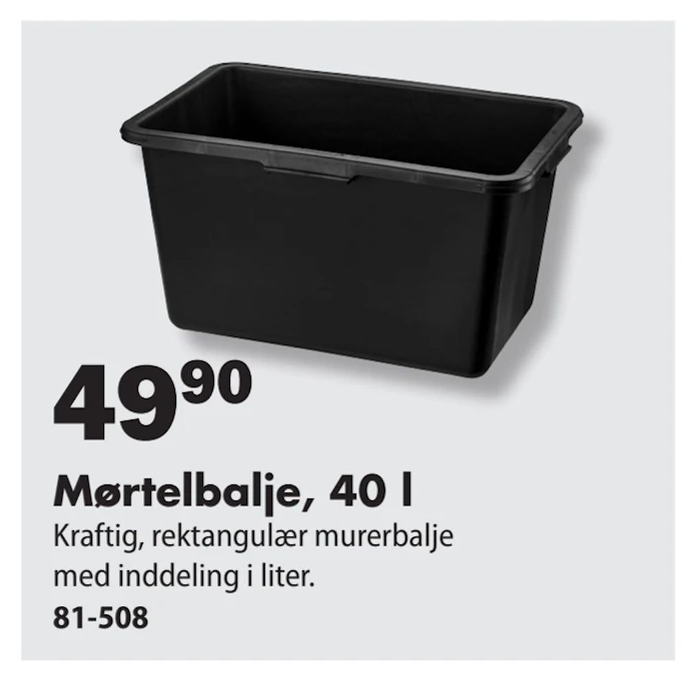Tilbud på Mørtelbalje, 40 l fra Biltema til 49,90 kr.