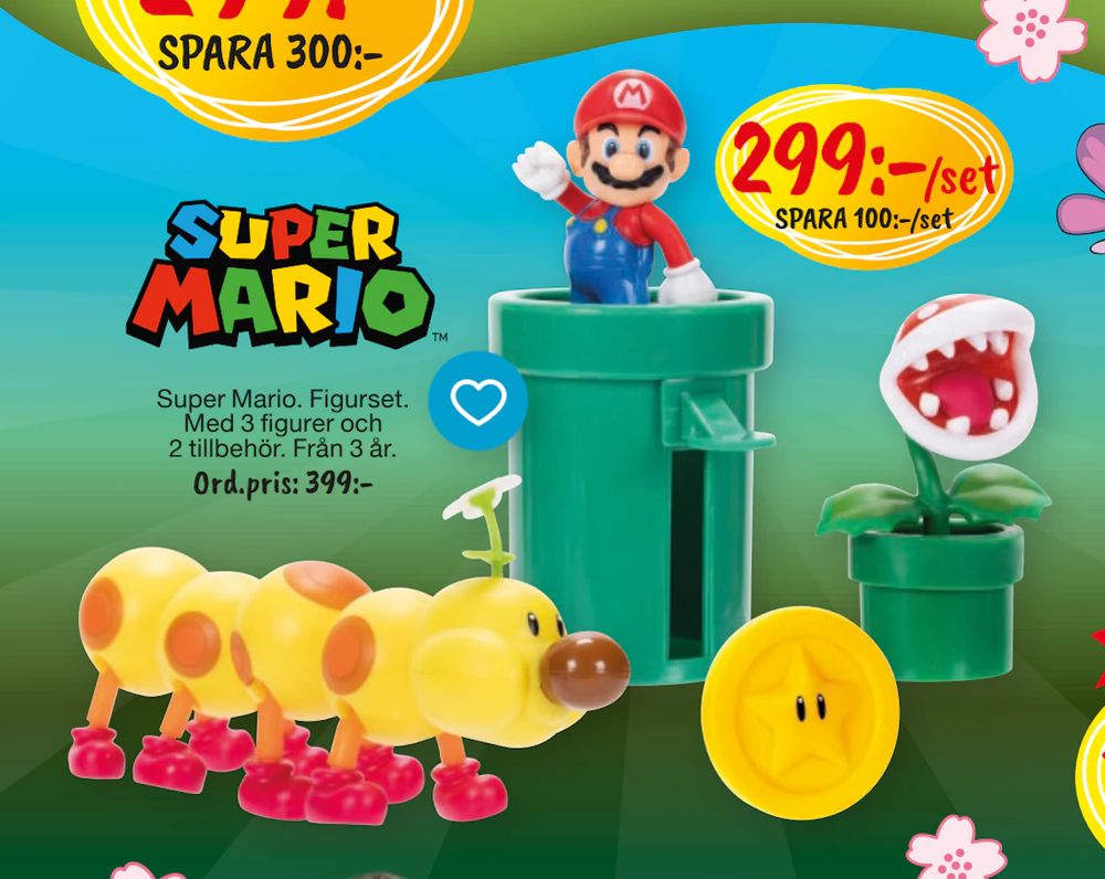 Erbjudanden på Super Mario. Figurset. Med 3 figurer och 2 tillbehör från Leklust för 299 kr
