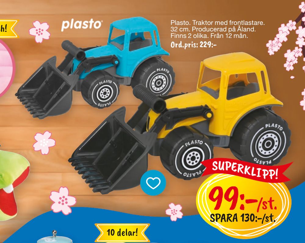 Erbjudanden på Plasto. Traktor med frontlastare. 32 cm. Producerad på Åland. Finns 2 olika från Leklust för 99 kr