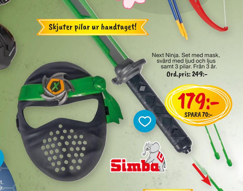 Erbjudanden på Next Ninja. Set med mask, svärd med ljud och ljus samt 3 pilar från Leklust för 179 kr