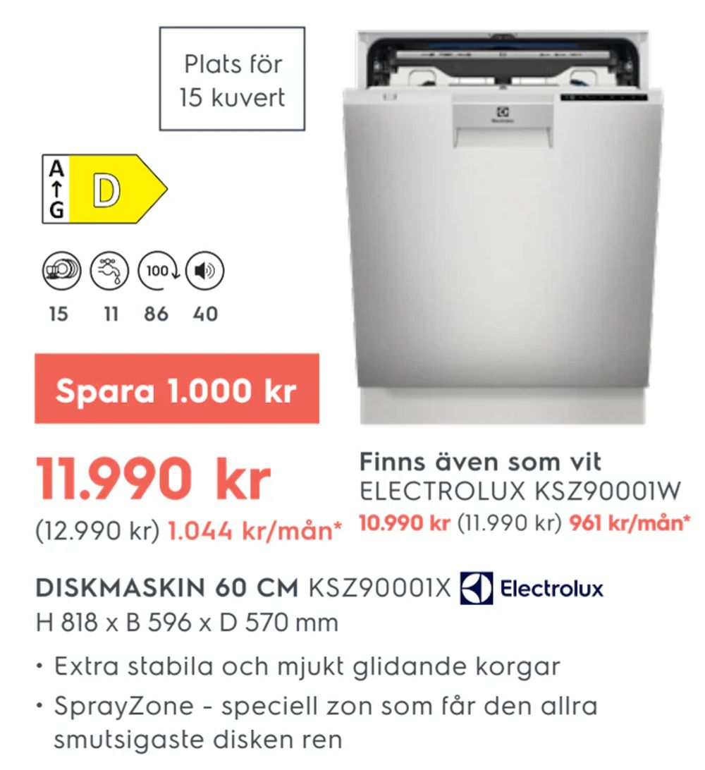 Erbjudanden på DISKMASKIN 60 CM från Electrolux Home för 11 990 kr