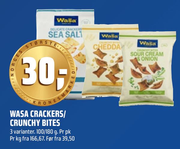 WASA CRACKERS/ CRUNCHY BITES 3 varianter. 100/180 g. Pr pk
Pr kg fra 166,67. Før fra 39,50
