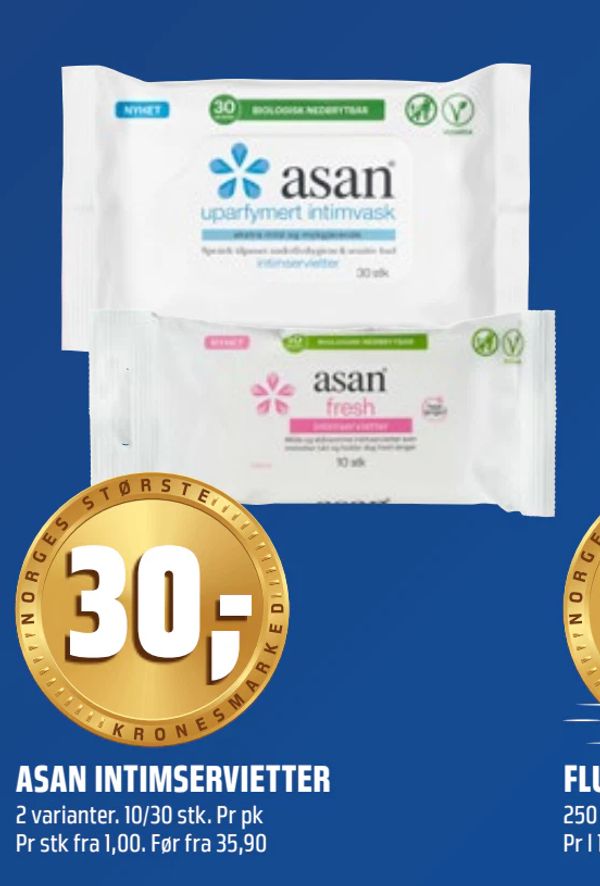 ASAN INTIMSERVIETTER 2 varianter. 10/30 stk. Pr pk Pr stk fra 1,00. Før fra 35,90