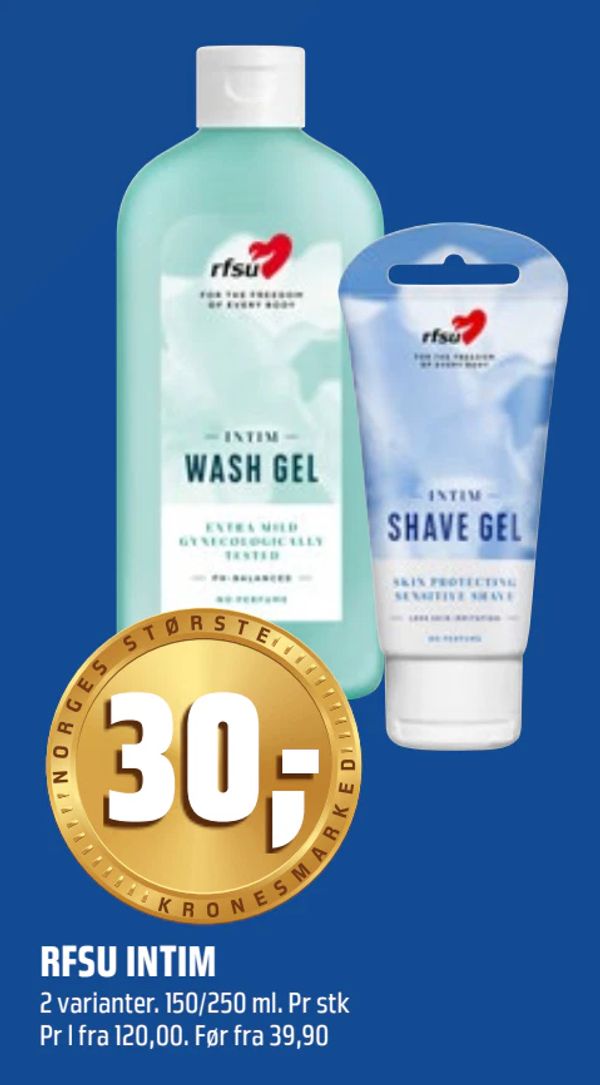 RFSU INTIM 2 varianter. 150/250 ml. Pr stk Pr l fra 120,00. Før fra 39,90
