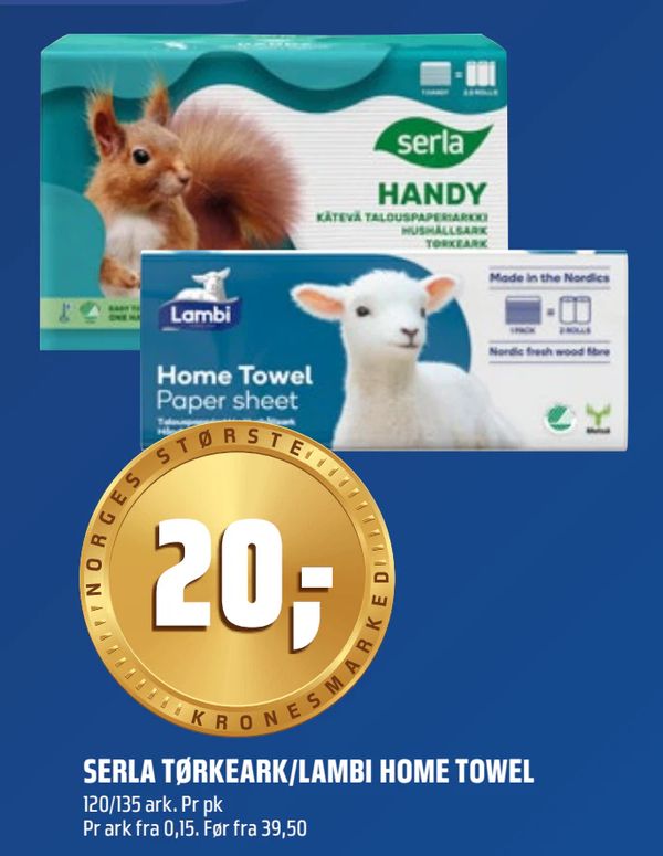 SERLA TØRKEARK/LAMBI HOME TOWEL 120/135 ark. Pr pk Pr ark fra 0,15. Før fra 39,50
