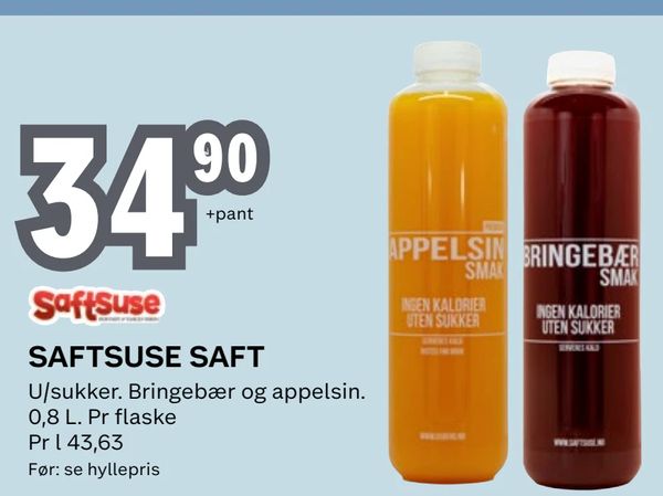 SAFTSUSE SAFT U/sukker. Bringebær og appelsin. 0,8 L. Pr flaske Pr l 43,63 Før: se hyllepris +pant