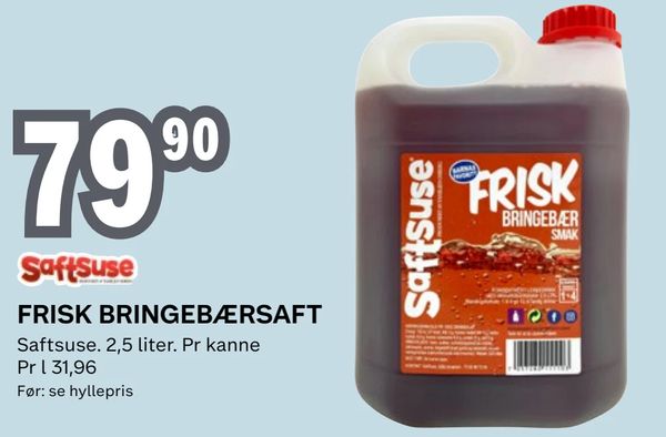 FRISK BRINGEBÆRSAFT Saftsuse. 2,5 liter. Pr kanne Pr l 31,96 Før: se hyllepris