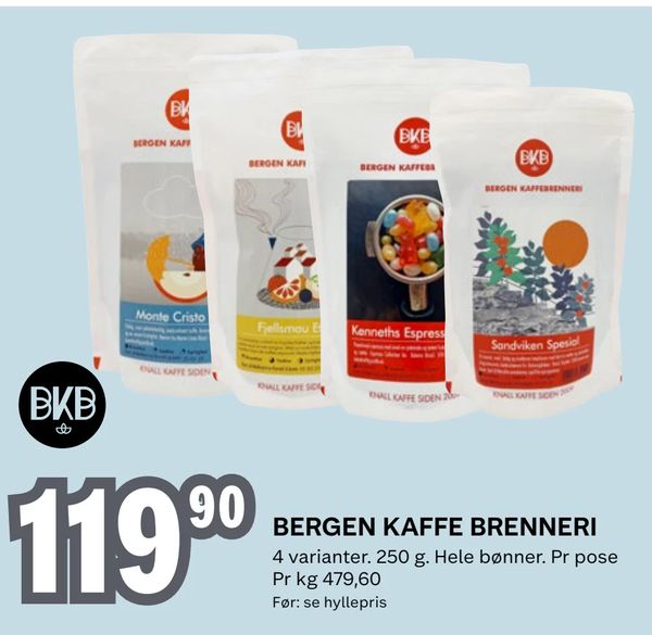 BERGEN KAFFE BRENNERI 4 varianter. 250 g. Hele bønner. Pr pose Pr kg 479,60 Før: se hyllepris