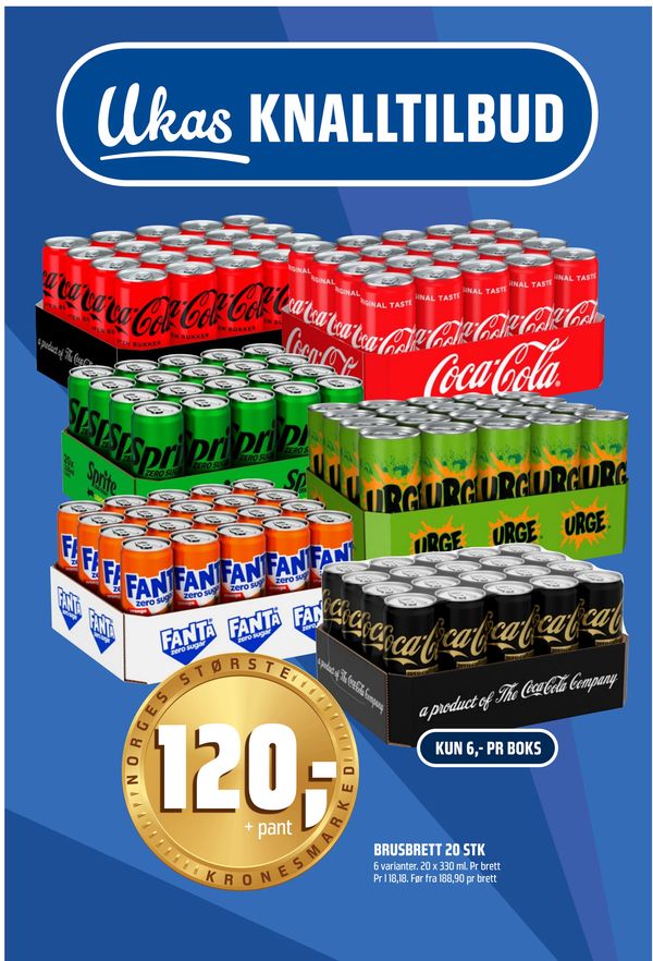 BRUSBRETT 20 STK Ukas KNALLTILBUD 6 varianter. 20 x 330 ml. Pr brett Pr l 18,18. Før fra 188,90 pr brett KUN 6,- PR BOKS + pant