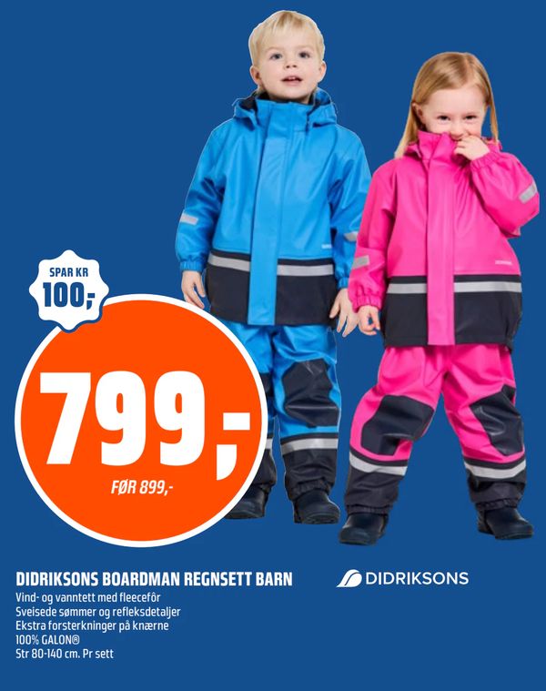 DIDRIKSONS BOARDMAN REGNSETT BARN Vind- og vanntett med fleecefôr Sveisede sømmer og refleksdetaljer Ekstra forsterkninger på knærne 100% GALON® Str 80-140 cm. Pr sett