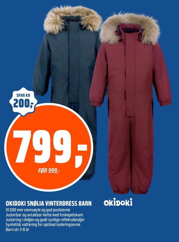 OKIDOKI SNØLIA VINTERDRESS BARN 100 000 mm vannsøyle og god pusteevne Justerbar og avtakbar hette med fuskepelskant Justering i midjen og godt synlige refleksdetaljer Syntetisk vattering for optimal isoleringsevne Barn str 2-8 år