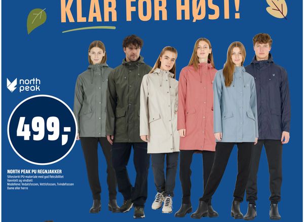 NORTH PEAK PU REGNJAKKER Slitesterkt PU-materiale med god fleksibilitet Vanntett og vindtett Modellene: Vedalsfossen, Vettisfossen, Tvindefossen Dame eller herre
