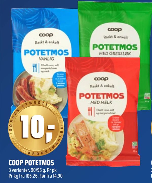 COOP POTETMOS 3 varianter. 90/95 g. Pr pk Pr kg fra 105,26. Før fra 14,90