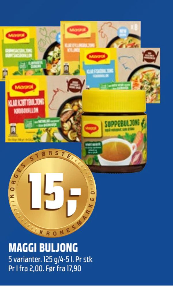 MAGGI BULJONG 5 varianter. 125 g/4-5 l. Pr stk Pr l fra 2,00. Før fra 17,90