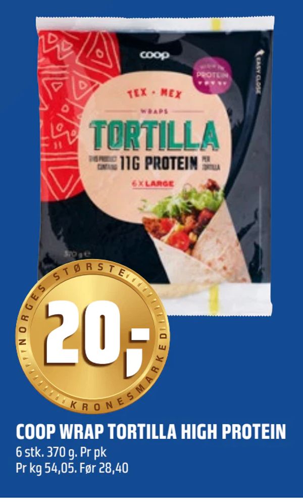 COOP WRAP TORTILLA HIGH PROTEIN 6 stk. 370 g. Pr pk Pr kg 54,05. Før 28,40