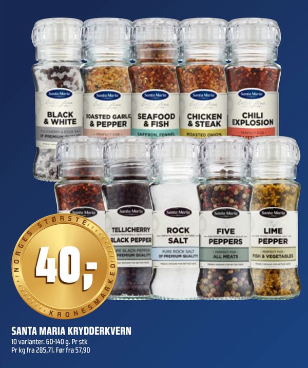 SANTA MARIA KRYDDERKVERN 10 varianter. 60-140 g. Pr stk Pr kg fra 285,71. Før fra 57,90