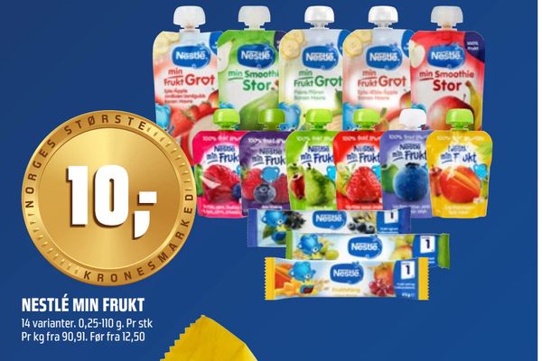 NESTLÉ MIN FRUKT 14 varianter. 90-110 g. Pr stk Pr kg fra 90,91. Før fra 12,50