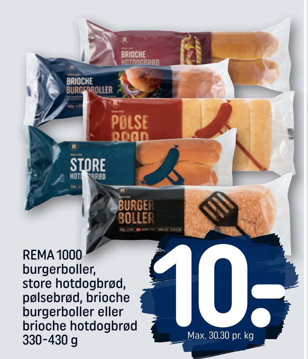 REMA 1000 burgerboller, store hotdogbrød, pølsebrød, brioche burgerboller eller brioche hotdogbrød 330-430 g