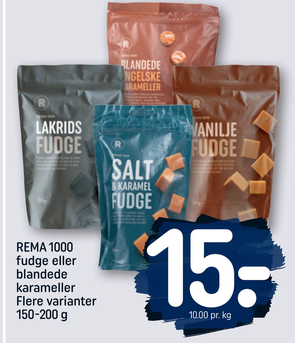 REMA 1000 fudge eller blandede karameller Flere varianter 150-200 g