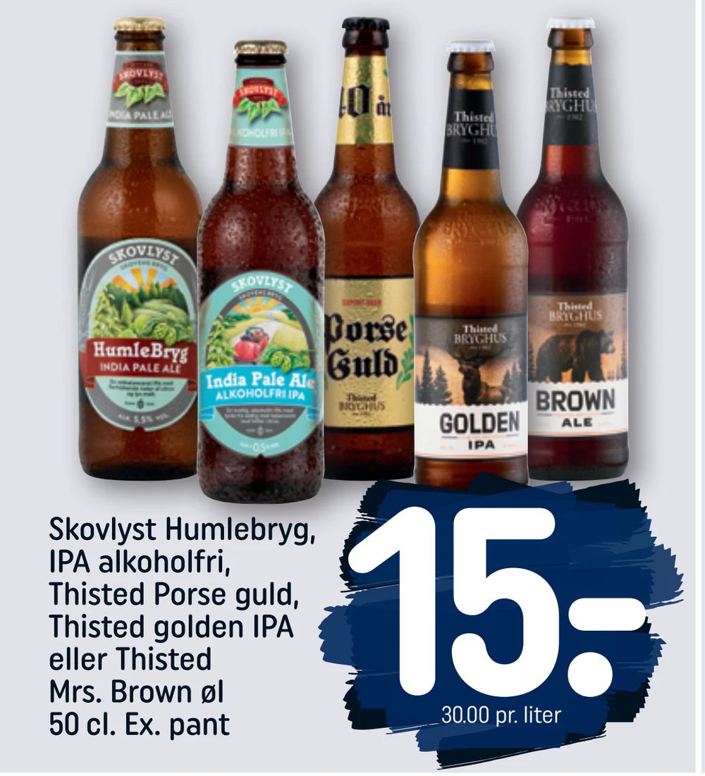 Skovlyst Humlebryg, IPA alkoholfri, Thisted Porse guld, Thisted golden IPA eller Thisted Mrs. Brown øl 50 cl. Ex. pant