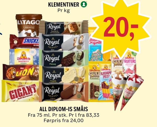 ALL DIPLOM-IS SMÅIS Fra 75 ml. Pr stk. Pr l fra 83,33 Førpris fra 24,00