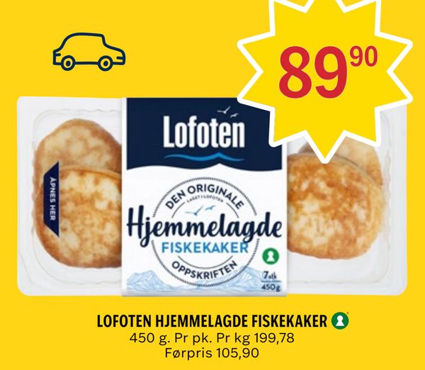 LOFOTEN HJEMMELAGDE FISKEKAKER 450 g. Pr pk. Pr kg 199,78 Førpris 105,90